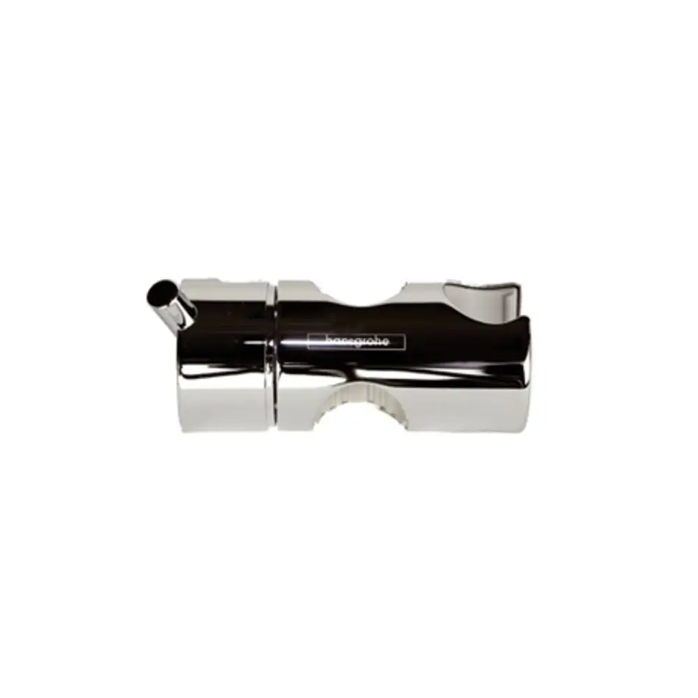 Hansgrohe Chromschieber für eine Brausenstange, mit einem seitlichen Auslass und einer gewölbten Halterung. Glänzende Oberfläche, funktionale Form.